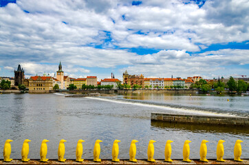 Prague, The Czech Republic - Yellow penguins on the Vltava river in Prague