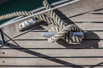 Vintage old sea rope near the port, summer time