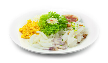Rice Noodles without Soup Served Egg Slice,cabbage,Onions cutlet and Sweet chili Sauce Thai Food