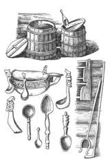 Household items of ancient Russia, ink drawing
