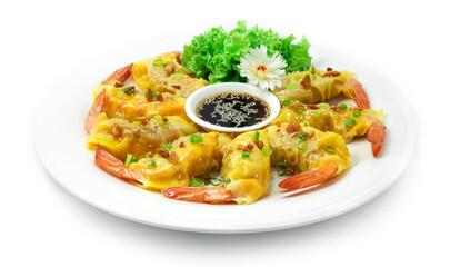 Shrimp Dumplings Sprinkle with Sesame and Crispy Garlic Chinese Food and Thai Fusion Asian style