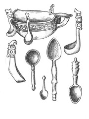 Household items of ancient Russia, ink drawing