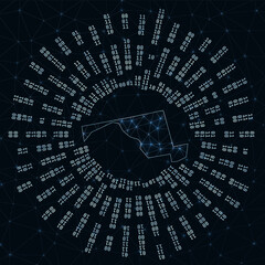 Maryland digital map. Binary rays radiating around glowing us state. Internet connections and data exchange design. Vector illutration.