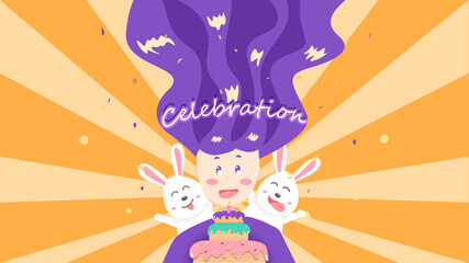 Celebration birthday party, cute girl with rabbit cartoon vector illustration