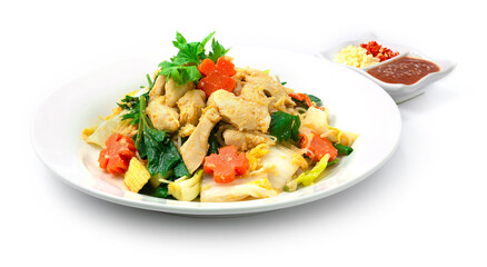 Thai Sukiyaki Stir Fried with Chicken, eggs and Vegetables Carved Carrots flowers shape served Sauce