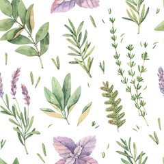 Watercolor seamless pattern with botanical green leaves, herbs, branches. Fabric with illustrations of basil, thyme, sage, lavender. Perfect for textile, package, wrapping paper, invitations, prints