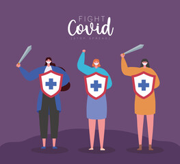 Women with masks shields with cross and sword design of Fight covid 19 virus and stop spread theme Vector illustration
