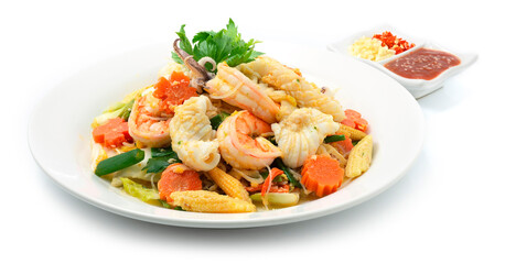 Thai Sukiyaki Stir Fried with Seafood Shrimps,Squids,Egg and Vegetables Carved Carrots flowers shape served Sauce