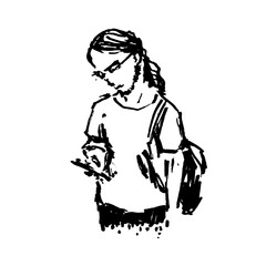 Traditionally drawn vector sketchbook illustration with man looking in a smartphone. Monochrome sketch drawing with men. Ink drawn isolated graphics.