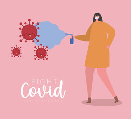 Woman with mask kawaii cartoons and spray bottle with smoke design of Fight covid 19 virus and stop spread theme Vector illustration