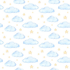 Fototapeta premium Watercolor seamless pattern - clouds and stars. Starry sky background. Ideal for a children room. Good night print. Baby shower. Perfect for prints, greeting cards, fabric, textile, wrapping paper