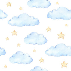 Watercolor seamless pattern - clouds and stars. Starry sky background. Ideal for a children room. Good night print. Baby shower. Perfect for prints, greeting cards, fabric, textile, wrapping paper