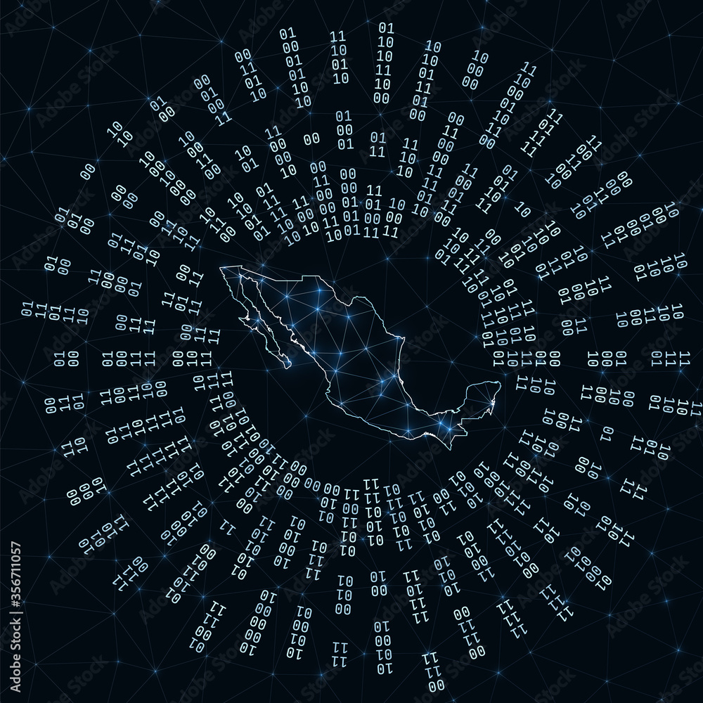 Poster mexico digital map. binary rays radiating around glowing country. internet connections and data exch