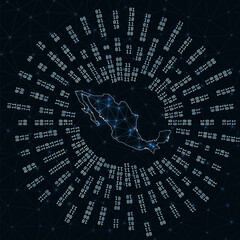 Mexico digital map. Binary rays radiating around glowing country. Internet connections and data exchange design. Vector illustration.