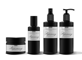 Realistic bottle for essential oil and tube or container for cream, wax, lotion, spray. Soap pump. Mock up set. Cosmetic vial, flask, dropper-bottle, shampoo, oil, gel. Label, sticker design.