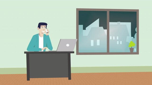 Successful freelancer working at desktop computer from home and speaking on phone with potential clients.