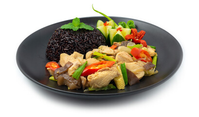 Chicken Stir Fried with Ginger,Mushroom,chili and onion Served Riceberry Rice Thai Cleanfood and Dietfood