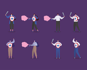 People with masks shield sword and spray bottle design of Fight covid 19 virus and stop spread theme Vector illustration
