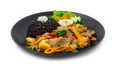 Spicy Fish Stir fried with Chili,Peppers,herbs,eggplan ts and baby corn Served Riceberry Thai Food Style