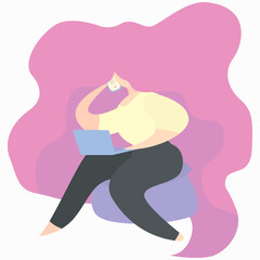 The freelancer girl works from home on the computer and speaks on the phone at the same time. Multitasking.