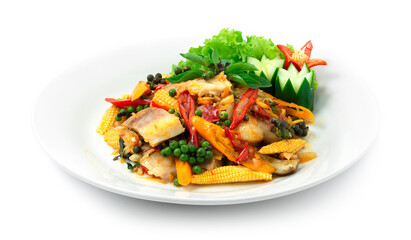 Spicy Fish Stir fried with Chili,Peppers,herbs,eggplants and baby corn Thai Food Style or Cleanfood and Dietfood