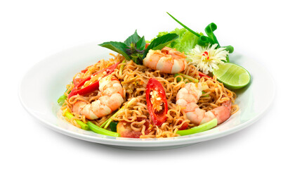 Stir Fried Instant Noodles with Shrimps Asian Thai food fusion style easy dish street food
