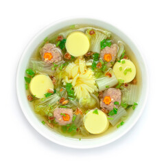 Chinese Cabbage Soup with Tofu and Minced Pork Ball Sprinkle Celery snd Crispy Garlic Healthy Food