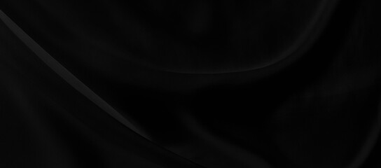 Black gray satin dark fabric texture luxurious shiny that is abstract silk cloth panorama background with patterns soft waves blur beautiful.