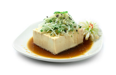 Tofu Salad with Soy Sauce ontop Cucumber cutlet Sprinkle Sesame Japanese Food Cold Tofu (Hiyayakko) Style