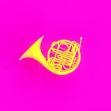 yellow musical instrument horn on a fuchsia background.