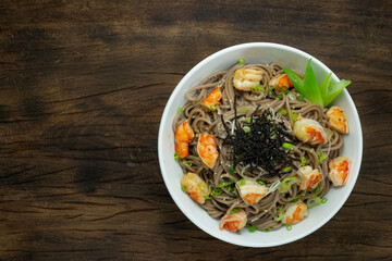 Soba Noodles with Shrimps and shoyu soy sauce Japanese Food Fusion Style
