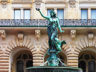 Statue of Hygieia - the goddess of health and hygiene. Hygieia fountain in courtyard of Hamburg...