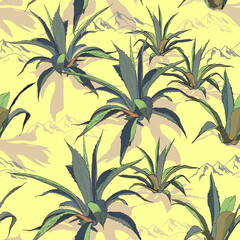 Wild cactuses in ground. Tropical succulents. Spiny plants. Peyote. Vector seamless pattern with agave and mountains.