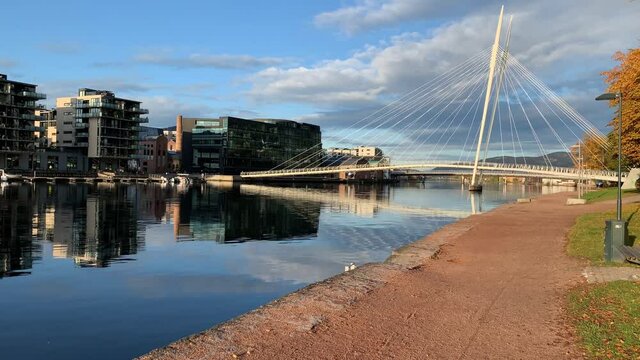 Drammen city, Norway. The river is called Drammenselva, and the bridge is called Ypsilon.