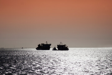 Fototapeta na wymiar Ships against the light,Evening mood, Elbe, near, Cuxhaven, Lower Saxony, Germany