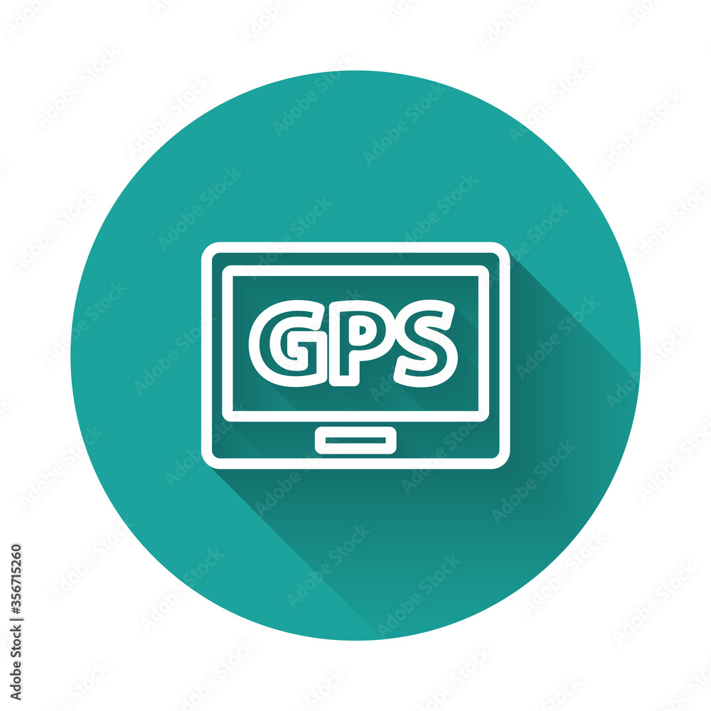 Poster white line gps device with map icon isolated with long shadow. green circle button. vector illustrat