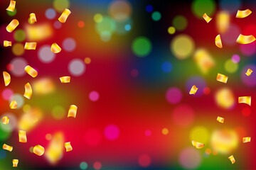 Golden confetti on bright colorful bokeh background with space for text.