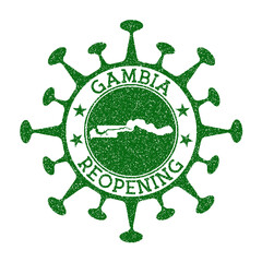 Gambia reopening stamp. Green round badge of country with map of Gambia. Country opening after lockdown. Vector illustration.