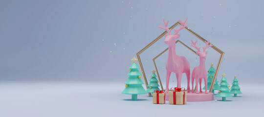 Abstract Christmas tree and reindeer with geometric background. Pedestal for display, Blank podium for product. 3d rendering.