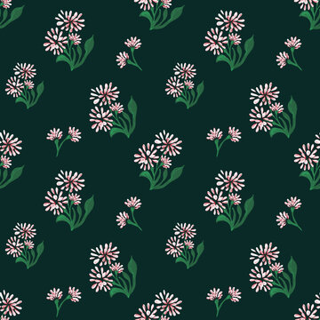 Seamless pattern with daisy flowers. Gouache hand drawn illustration isolated on deep green background for web pages, wedding invitations, date cards, textiles, packaging, fabric, wallpaper