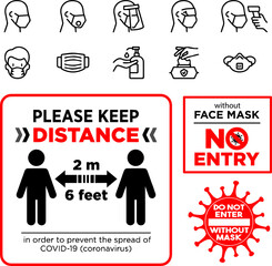 Do not enter without mask sign. Coronavirus pandemic restriction. Information warning sign about quarantine measures in public places. Vector illustration