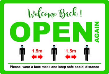 Reopening business or office. Green sign of front door. Wear face mask and keep social distancing. Illustration, vector