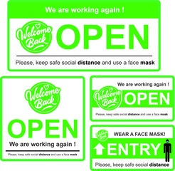 Fun sign on the front door - welcome back! We are open after quarantine due to COVID-19 coronavirus. Keep social distance. Vector