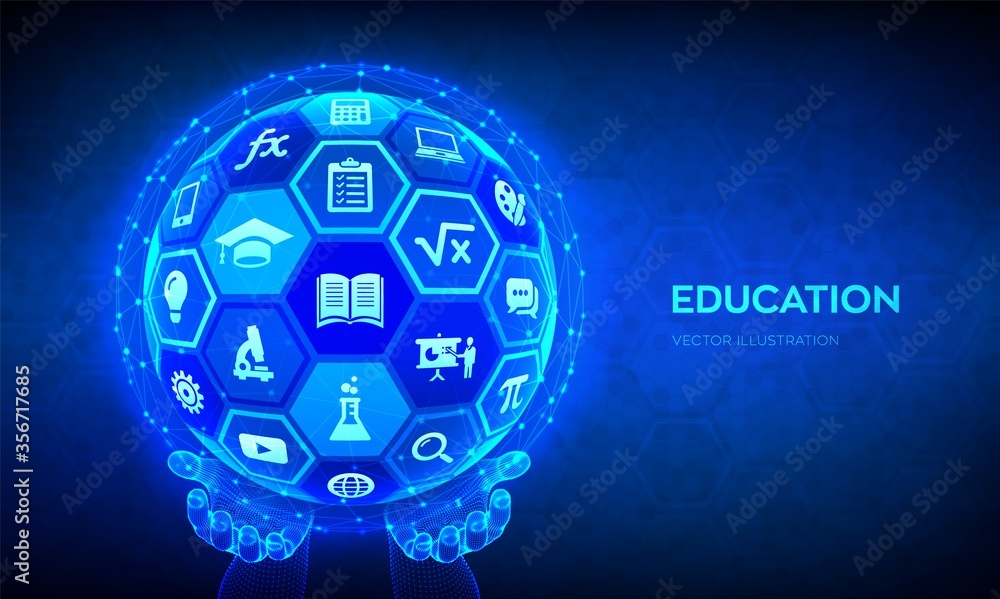 Poster e-learning. innovative online education technology concept. webinar, teaching, online training cours