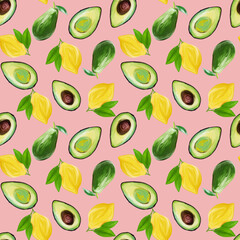 Bright vegetarian Fruit Painted Seamless Pattern hand-drawn in gouache avocado and lemon on pink background. Design for textiles, packaging, fabrics, menus, restaurants
