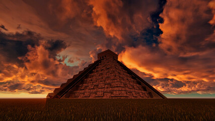 Chichen Itza pyramid with dramatic reddish sky