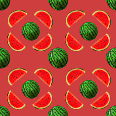 Seamless watermelons pattern. background with gouache watermelon slices on red background. Fresh fruits seasonal background flat style
