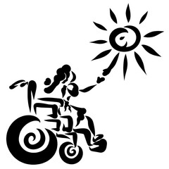 girl in a wheelchair communicates with the sun
