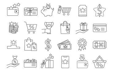 Large set of 24 vector black an white line drawn Bonus icons with various financial incentives, gifts and promotions