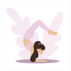 Isolated young woman character doing yoga. Scorpio pose. Love yoga. Healthy living time with yoga exercises. Vector illustration.
